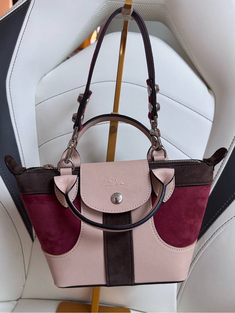 Longchamp Pink, Burgundy and Dark Brown Mini Tote